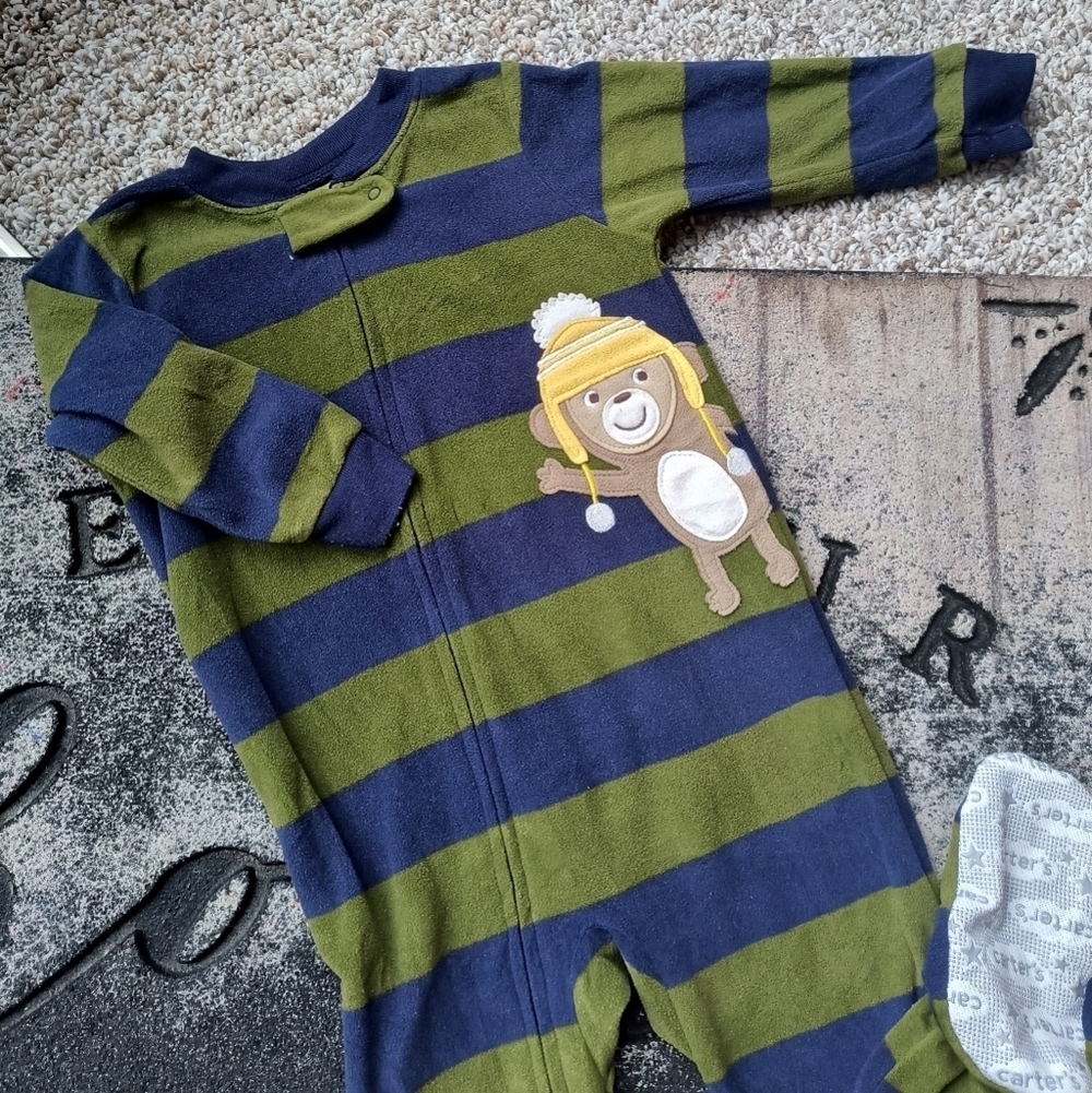 Carter's Boys Striped Footed Pajamas Full Zip Monkey Blue Green Size 18 Months - Picture 2 of 4